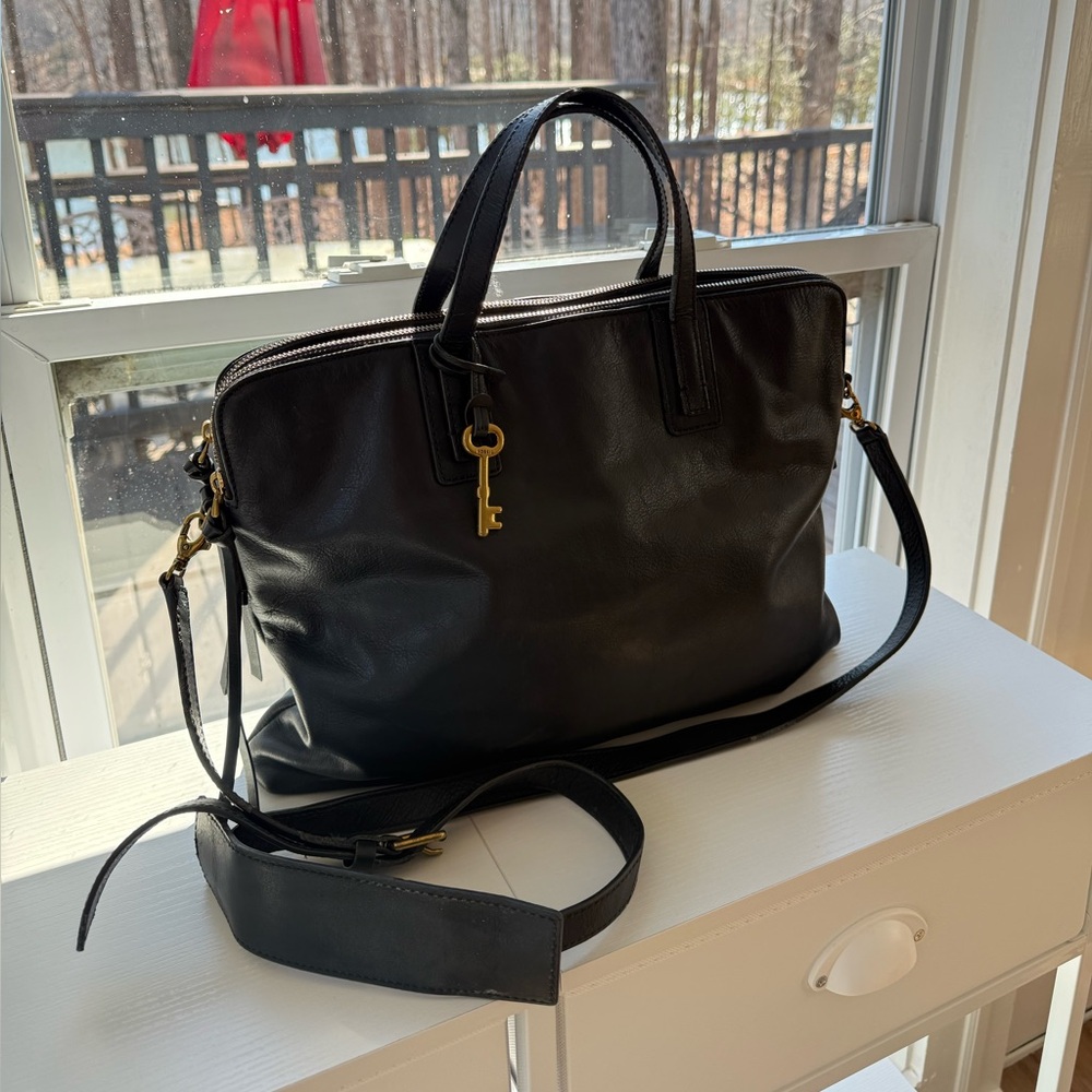 Fossil Emma Leather Laptop Briefcase/Satchel- Black/Gold